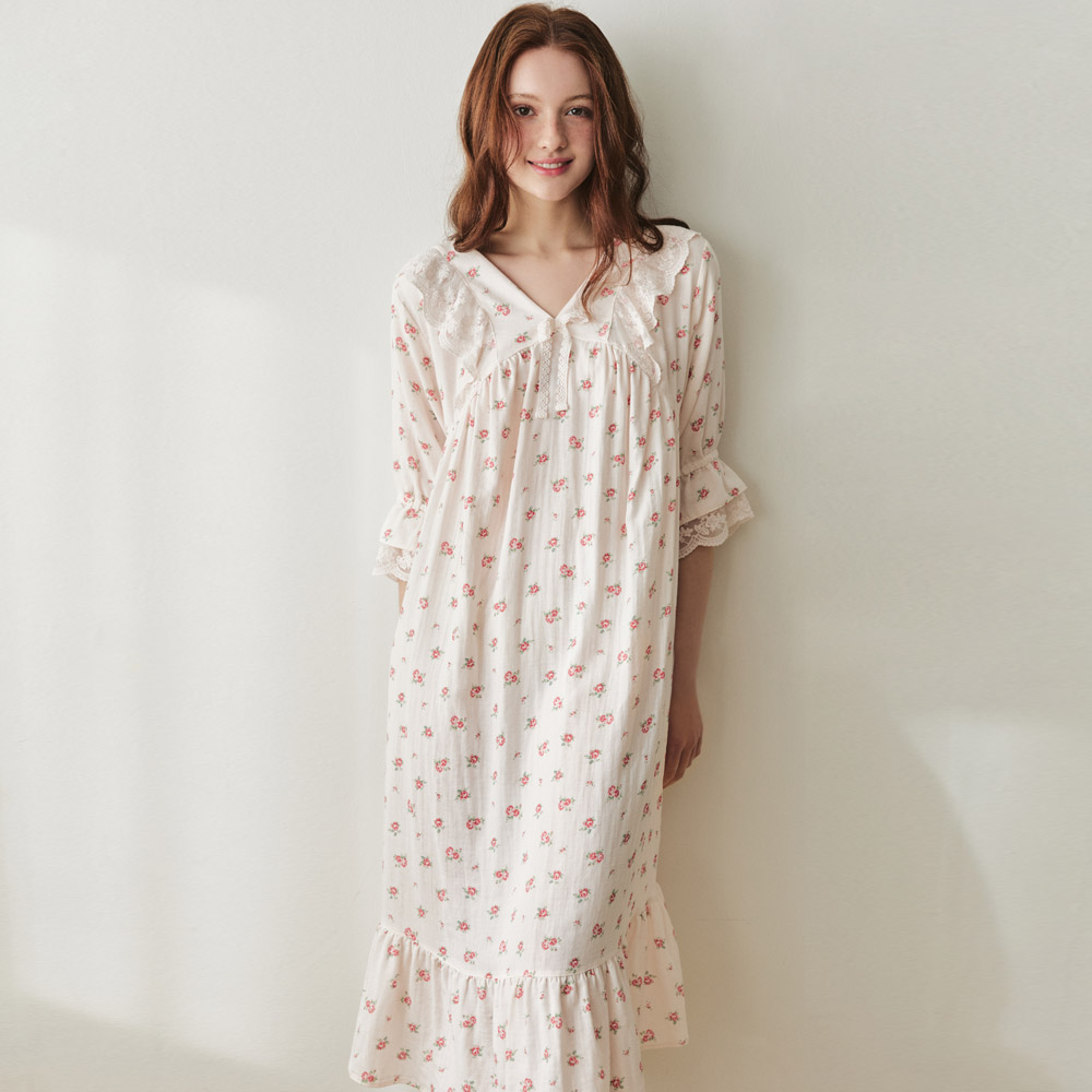 원피스잠옷 로샤 면레이온 꽃무늬 파자마 홈웨어 실내복 홈드레스